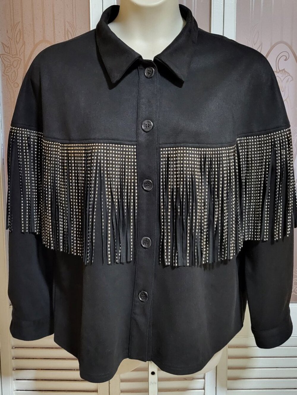 Shein Curve Women's Collared Black Fringed Gold Sequin Jacket